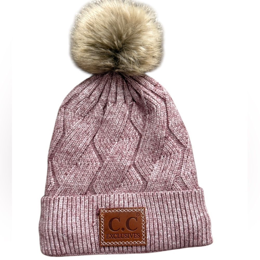 C.C Purple Knit Hat WithβFaux Fur Pom Pom